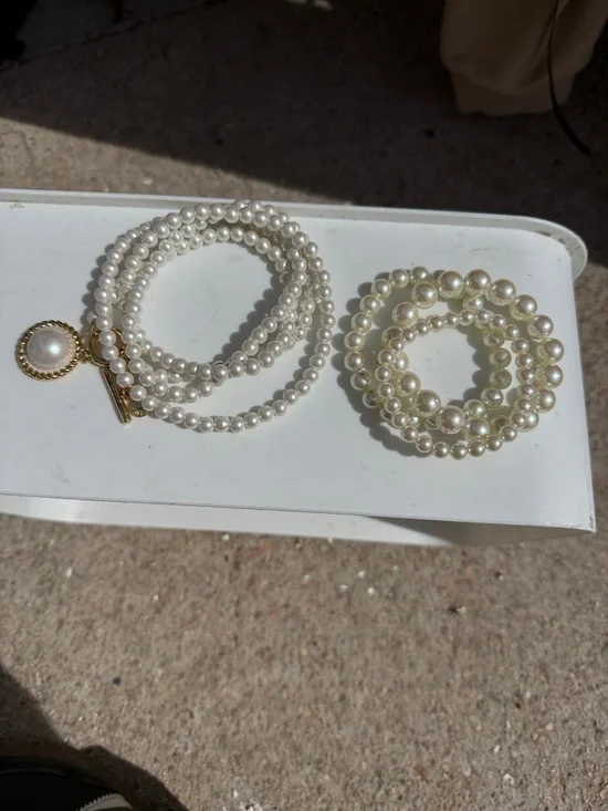 Talbots Pearl Stretch Bracelet Set in White with Gold Accent - Picture 3 of 5